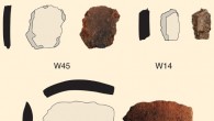 Examples of Wañelek pottery: W52 - paddle and anvil made body sherd with red slip and incised decoration; W50 - body sherd with fingernail incision; W45 - plain body sherd with red burnish or slip; W14 - plain body sherd; W54 - possible broken coil or weathered rim sherd. Image credit: Gaffney D et al.