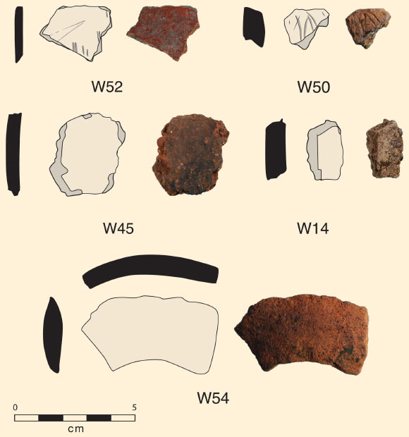 Examples of Wañelek pottery: W52 - paddle and anvil made body sherd with red slip and incised decoration; W50 - body sherd with fingernail incision; W45 - plain body sherd with red burnish or slip; W14 - plain body sherd; W54 - possible broken coil or weathered rim sherd. Image credit: Gaffney D et al.