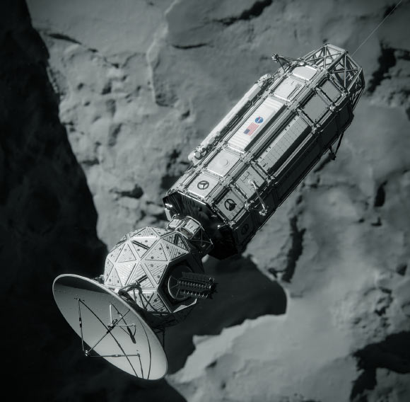 Comet Hitchhiker is a concept for orbiting and landing on comets and asteroids. The idea involves using a carbon nanotube tether to hitchhike on to a comet as it flies by. Image credit: NASA / JPL-Caltech / Cornelius Dammrich.