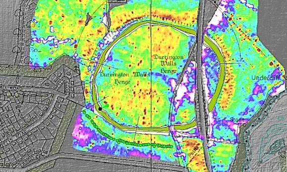 Electromagnetic and LIDAR data, overlain by green circles marking the stone row. Image credit: University of Bradford / Stonehenge Hidden Landscapes Project.