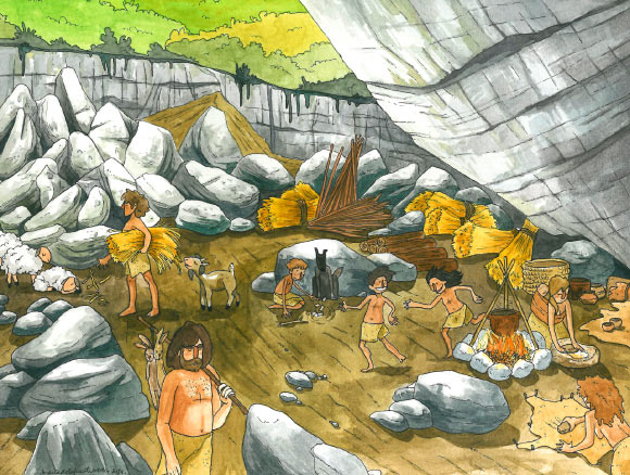 Illustration of every day life in the El Portalon cave during the Neolithic and Copper Age. Image credit: Maria de la Fuente.