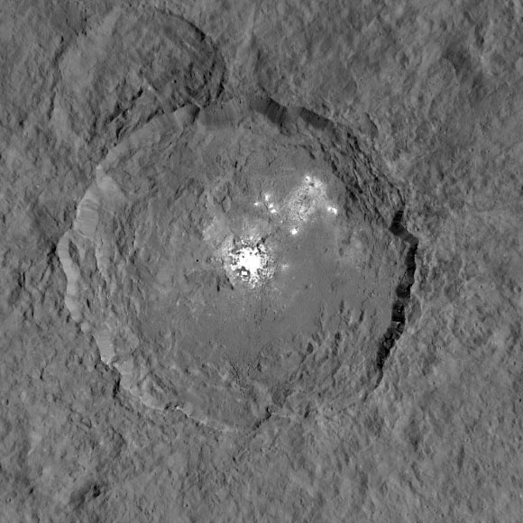 NASA’s Dawn spacecraft captured this image of Ceres and its mysterious bright spots from a distance of 915 miles (1,470 km). Image credit: NASA / JPL-Caltech / UCLA / MPS / DLR / IDA.