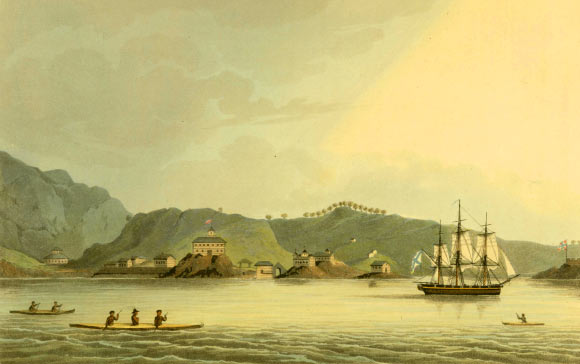 This 1814 print includes an image of the Neva. Image credit: Dave McMahan / Sitka Historical Society.