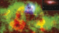 Tiny clouds of carbon monoxide in the dwarf galaxy Wolf-Lundmark-Melotte: the carbon monoxide emission is shown as black single contours inside the 1 arcmin x 1 arcmin white squares that outline the area mapped by ALMA. The inset in the top left is the full view of the galaxy. Image credit: Monica Rubio et al.