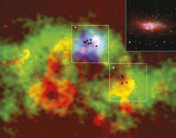 Tiny clouds of carbon monoxide in the dwarf galaxy Wolf-Lundmark-Melotte: the carbon monoxide emission is shown as black single contours inside the 1 arcmin x 1 arcmin white squares that outline the area mapped by ALMA. The inset in the top left is the full view of the galaxy. Image credit: Monica Rubio et al.