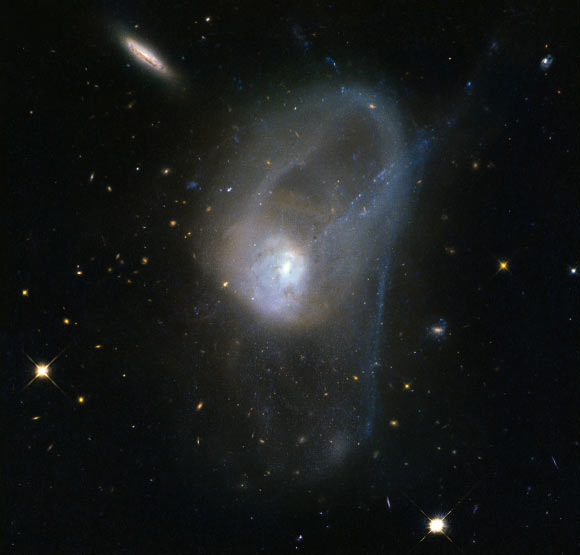 This Hubble image shows NGC 3921, an interacting pair of galaxies in the late stages of its merger. Image credit: NASA / ESA / Hubble / Judy Schmidt, geckzilla.com.