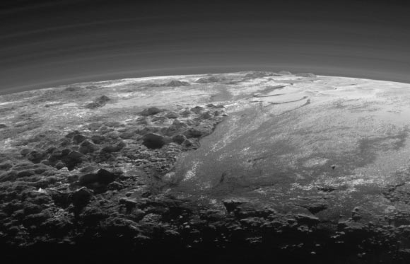 Closer look: Pluto’s mountains and frozen plains. The scene is 230 miles (380 km) across. Image credit: NASA / Johns Hopkins University Applied Physics Laboratory / Southwest Research Institute.