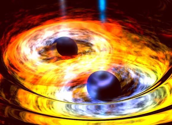 Two black holes are entwined in a gravitational tango in this artist’s conception. Image credit: NASA.