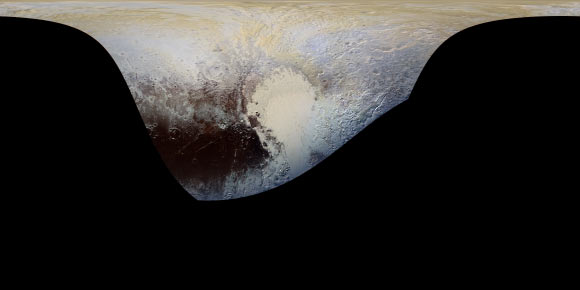 This cylindrical projection map of Pluto is the most detailed color map of the dwarf planet ever made. Image credit: NASA / Johns Hopkins University Applied Physics Laboratory / Southwest Research Institute.