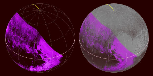 The Ralph/LEISA infrared spectrometer on New Horizons mapped compositions across Pluto’s surface as it flew by on July 14. On the left, a map of methane ice abundance shows striking regional differences, with stronger methane absorption indicated by the brighter purple colors here, and lower abundances shown in black. At right, the methane map is merged with higher-resolution images of Pluto. Image credit: NASA / Johns Hopkins University Applied Physics Laboratory / Southwest Research Institute.