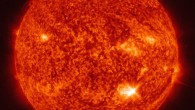The Sun emitted a significant solar flare, peaking at 10:58 a.m. EDT on September 28. This SDO image shows a subset of extreme UV light that highlights the extraordinarily hot material in flares and which is typically colorized in red. Image credit: NASA / SDO.