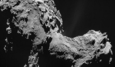 Mosaic of four images taken by Rosetta’s navigation camera on September 19, 2014, at 28.6 km from the center of 67P/Churyumov-Gerasimenko. The images used for this mosaic were taken in sequence as a 2x2 raster over a 20 minute period, meaning that there is some motion of the spacecraft and rotation of the comet between the images. Image credit: ESA / Rosetta / NAVCAM / CC BY-SA IGO 3.0.