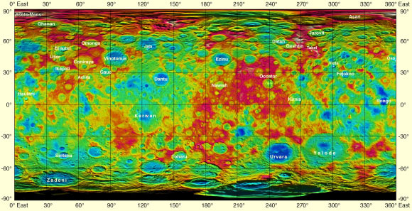 This color-coded map from NASA’s Dawn mission shows the highs and lows of topography on the surface of the dwarf planet Ceres. It is labeled with names of features approved by the International Astronomical Union. The color scale extends 5 miles (7.5 km) below the reference surface in indigo to 5 miles (7.5 km) above the reference surface in white. Ysolo Mons lies high in the northern hemisphere at upper left. Image credit: NASA / JPL-Caltech / UCLA / MPS / DLR / IDA.
