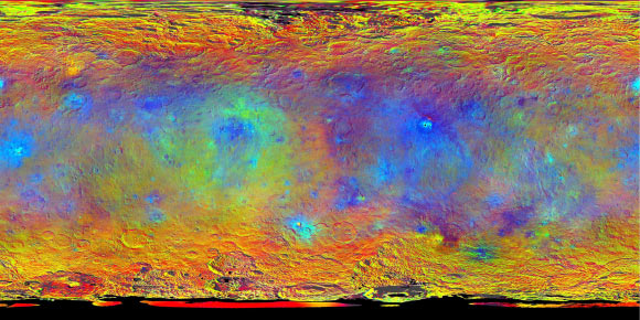 This map, made from data obtained by NASA’s Dawn spacecraft, shows the mineral distribution on the surface of Ceres. Image credit: NASA / JPL-Caltech / UCLA / MPS / DLR / IDA.