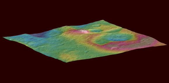 This view features a tall conical mountain on Ceres. Elevations span a range of about 5 miles (8 km) from the lowest places in this region to the highest terrains. Blue represents the lowest elevation, and brown is the highest. The white streaks seen running down the side of the mountain are especially bright parts of the surface. Image credit: NASA / JPL-Caltech / UCLA / MPS / DLR / IDA / PSI.