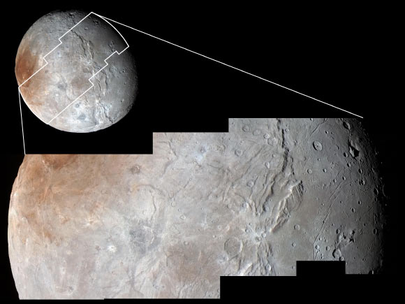 Charon’s cratered uplands at the left are broken by series of canyons, and replaced at the right by the rolling plains of Vulcan Planum. Image credit: NASA / Johns Hopkins University Applied Physics Laboratory / Southwest Research Institute.