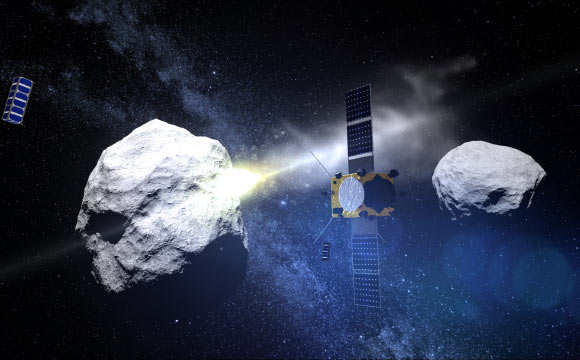 ESA’s AIM spacecraft watches DART impact Didymoon. Image credit: ESA / Science Office.