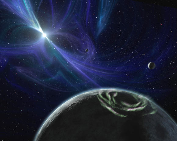 This artist’s concept depicts a pulsar called PSR B1257+12 and three exoplanets (discovered by Aleksander Wolszczan in 1992) orbiting around it. Image credit: NASA / JPL-Caltech.