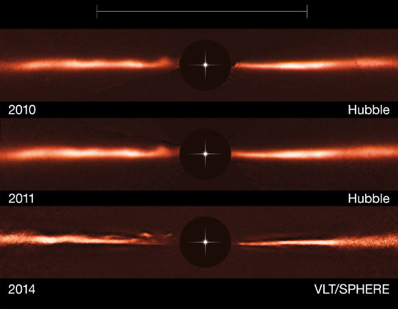 Top and middle rows show Hubble images of the AU Microscopii disc from 2010 and 2011, the bottom row is an image taken with VLT’s SPHERE instrument in 2014. The black central circles show where the brilliant light of the central star has been blocked off to reveal the much fainter disc, and the position of the star is indicated schematically. The scale bar at the top of the picture indicates the diameter of the orbit of the planet Neptune in the Solar System (60 AU). Image credit: ESO / NASA / ESA.