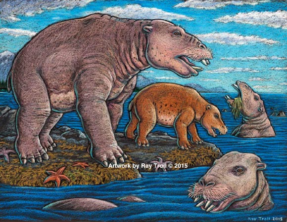 An artist’s rendering of a group of Ounalashkastylus tomidai. Image credit: © Ray Troll.