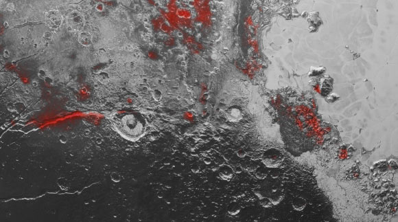 New Horizons finds water ice on Pluto: the scene is approximately 280 miles (450 km) across. Image credit: NASA / Johns Hopkins University Applied Physics Laboratory / Southwest Research Institute.
