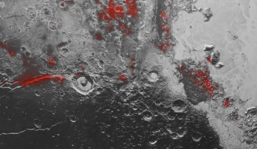 New Horizons finds water ice on Pluto: the scene is approximately 280 miles (450 km) across. Image credit: NASA / Johns Hopkins University Applied Physics Laboratory / Southwest Research Institute.