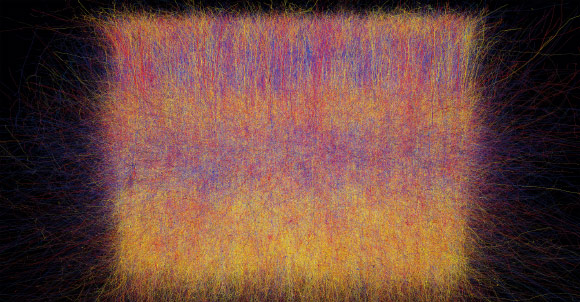 Simulation of electrical activity in a virtual brain slice formed from seven unitary digital reconstructions of neocortical microcircuits. Image credit: BBP / EPFL.