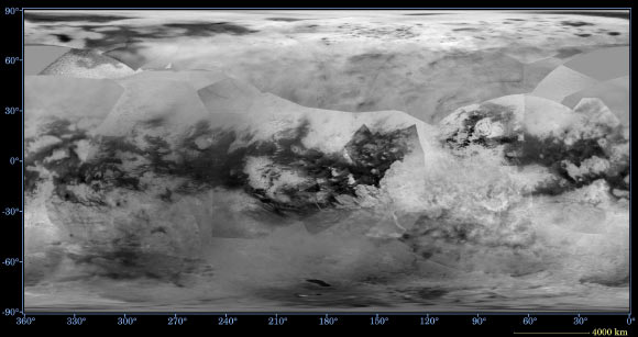 This global digital map of Titan was created using images taken by Cassini’s imaging science subsystem (ISS). The mean radius of Titan used for projection of this map is 1,600 miles (2,575 km). Titan is assumed to be spherical until a control network is created at some point in the future. Image credit: NASA / JPL-Caltech / Space Science Institute.