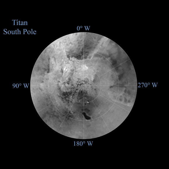 The southern hemisphere of Titan is seen in this polar stereographic map, assembled in 2015 using the images of the moon from NASA’s Cassini mission. The mean radius of Titan used for projection of this map is 1,600 miles (2,575 km). Image credit: NASA / JPL-Caltech / Space Science Institute.
