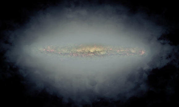 Composite image of an edge-on spiral galaxy with a radio halo produced by fast-moving particles in the galaxy’s magnetic field. In this image, the large, grey-blue area is a single image formed by combining the radio halos of 30 different galaxies. At the center is a visible-light image of one of the galaxies, NGC 5775, made using the NASA/ESA Hubble Space Telescope. This visible-light image shows only the inner part of the galaxy’s star-forming region, outer portions of which extend horizontally into the area of the radio halo. Image credit: Jayanne English, University of Manitoba / Judith Irwin & Theresa Wiegert, Queen’s University / CHANG-ES Consortium / NRAO / AUI / NSF / NASA / STScI.