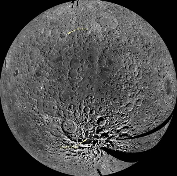 A monochrome mosaic of the Moon from NASA’s Lunar Reconnaissance Orbiter, centered in the middle of the South Pole-Aitken Basin. Image credit: NASA / Goddard / Arizona State University.