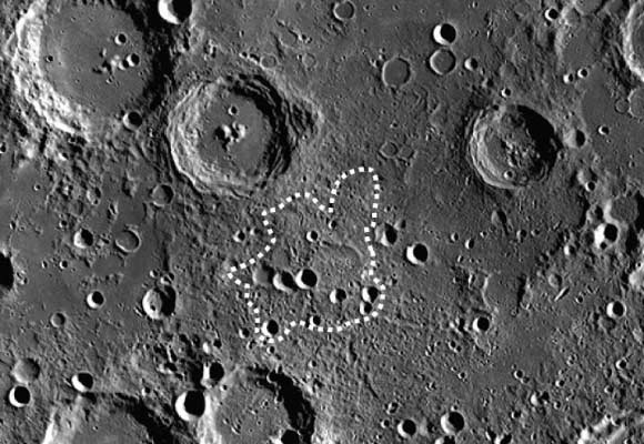 Volcanic processes touched off by a huge impact appear to have created Mafic Mound, an enigmatic feature near the center of the South Pole-Aitken Basin (the largest and oldest recognized impact basin on the Moon; it’s diameter is roughly 1,550 miles). Image credit: NASA / Goddard / Arizona State University.
