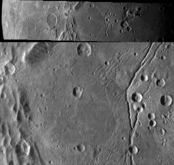 These high-resolution images of Charon’s surface were taken by the Long Range Reconnaissance Imager on New Horizons shortly before closest approach on July 14, 2015. The image above resolves details as small as 340 yards (310 m). The scene at bottom is about 125 miles (200 km) across. Image credit: NASA / Johns Hopkins University Applied Physics Laboratory / Southwest Research Institute.
