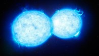 This artist’s impression shows VFTS 352 - the hottest and most massive double star system to date where the two components are in contact and sharing material. Image credit: ESO / L. Calçada.