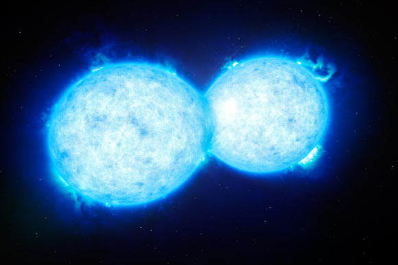 This artist’s impression shows VFTS 352 - the hottest and most massive double star system to date where the two components are in contact and sharing material. Image credit: ESO / L. Calçada.