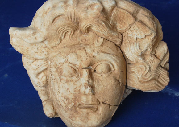 The marble head of Medusa recently discovered at the site. Image credit: Michael Hoff / University of Nebraska-Lincoln. 