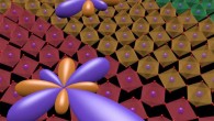 Artist’s rendition of spatially segregated domains of multipolar order in a crystal of strontium-iridium oxide (Sr2IrO4); the orientation of the multipolar order in each domain is depicted by the multi-lobed object. Image credit: Liuyan Zhao.