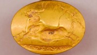 This gold ring with a Cretan bull-jumping scene was one of four solid-gold rings found in the tomb. This number is more than found with any other single burial elsewhere in Greece. Image credit: University of Cincinnati.