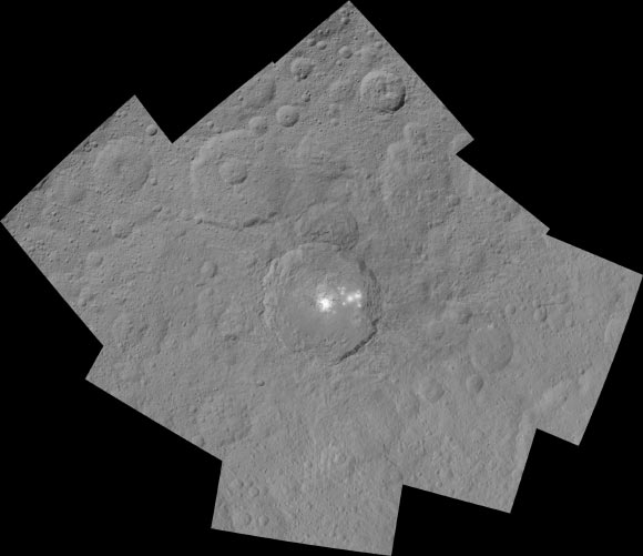 This mosaic of images from Dawn’s third science orbit highlights Occator crater and surrounding terrain. Image credit: NASA / JPL-Caltech / UCLA / MPS / DLR / IDA.