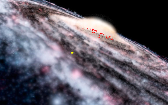 This diagram shows the locations of the newly-discovered Cepheids in an artist’s rendering of our Milky Way Galaxy; the yellow star indicates the position of our Solar System. Image credit: ESO / Microsoft WorldWide Telescope.