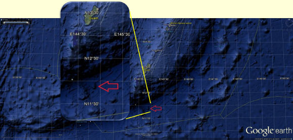 Location of Falkor Seamount off of Guam. Image credit: Schmidt Ocean Institute / Google Earth.