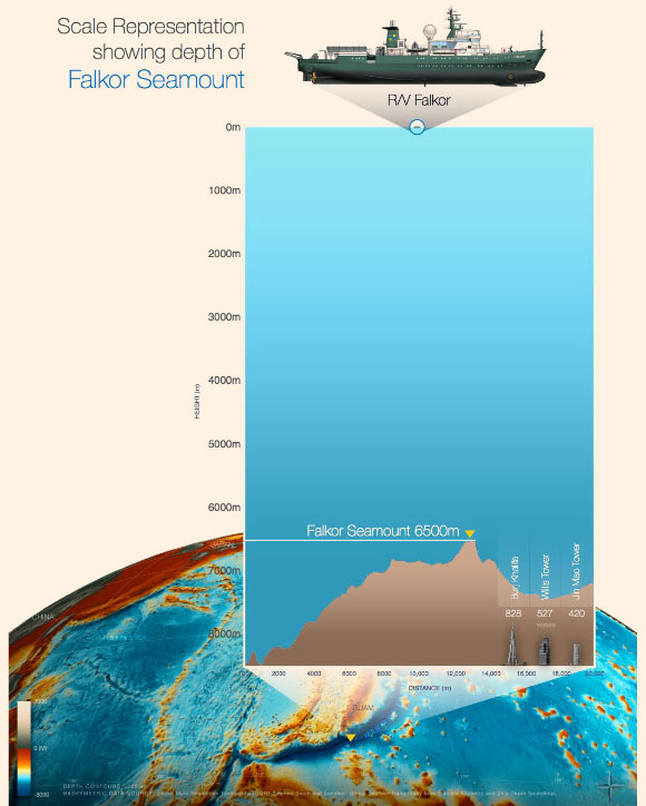 Depth comparison of the newly documented Falkor Seamount; note size comparisons to buildings. Image credit: SOI / Leighton Rolley / Hunter Hadaway.