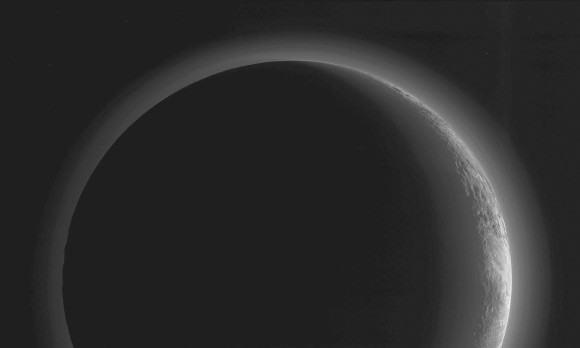This wide-angle image was made just 15 minutes after New Horizons’ closest approach to Pluto on July 14, 2015. It was taken with New Horizons’ Multi-spectral Visible Imaging Camera from a distance of 11,000 miles. Image credit: NASA / Johns Hopkins University Applied Physics Laboratory / Southwest Research Institute.
