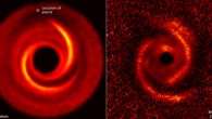 Right: observations taken by the ESO’s Very Large Telescope show a protoplanetary disk around the young star MWC 758; the disk has two spiral arms that extend over 10 billion miles from the star. Left: a computer model reproduces the two-spiral-arm structure; the X is the location of a putative planet. Image credit: NASA / ESA / ESO / M. Benisty et al / Ruobing Dong / Zhaohuan Zhu.