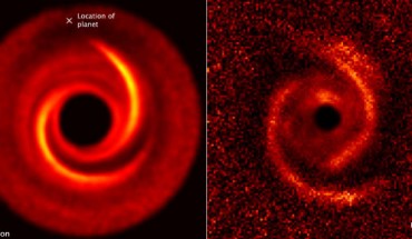 Right: observations taken by the ESO’s Very Large Telescope show a protoplanetary disk around the young star MWC 758; the disk has two spiral arms that extend over 10 billion miles from the star. Left: a computer model reproduces the two-spiral-arm structure; the X is the location of a putative planet. Image credit: NASA / ESA / ESO / M. Benisty et al / Ruobing Dong / Zhaohuan Zhu.