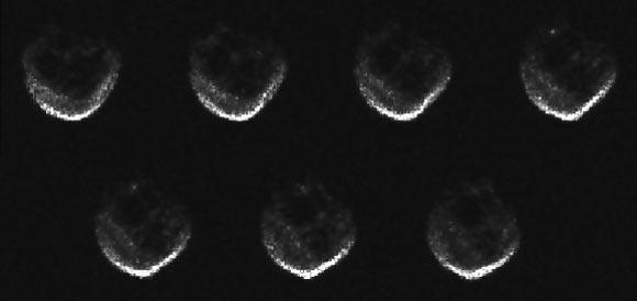 This collage of radar images of near-Earth asteroid 2015 TB145 was collected by the Arecibo Observatory on October 30, 2015. The images show the rotation of the space rock, which made its closest approach on October 31 at 1 p.m. EDT (10 a.m. PDT) at a distance of 302,000 miles (486,000 km) - about 1.3 times the distance from Earth to the Moon. Image credit: NAIC-Arecibo / NSF.