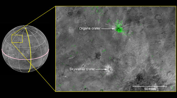 This composite image is based on observations from New Horizons’ Ralph/LEISA instrument made on July 14, when the spacecraft was 50,000 miles (81,000 km) from Charon. The data were downlinked October 1 - 4 and processed into a map of Charon’s 2.2 micron ammonia-ice absorption band (green color). Panchromatic images from New Horizons’ Long Range Reconnaissance Imager used as the background in this composite were taken on July 14 and downlinked October 5 – 6. Image credit: NASA / Johns Hopkins University Applied Physics Laboratory / Southwest Research Institute.