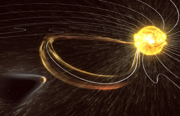In March of 2015, the Sun launched a coronal mass ejection - a bubble of energized plasma traveling at about 2 million mph - toward Mars, compressing the planet’s magnetosphere to around two-thirds of its normal size and pushing it inward by almost 600 miles, which exposed more of Mars’ atmosphere to the solar wind’s electromagnetic fields. Image credit: NASA Goddard Space Flight Center.