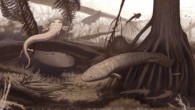 The small dvinosaur Timonya anneae is depicted in the foreground left, the trimerorhachid dvinosaur Procuhy nazariensis is on the right, and the rhinesuchid in the left background. Other species represented are: a dipnoan, primitive actinopterygians, Psaronius tree-ferns, Teresinoxylon trees and small columnar stromatolites. Image credit: Juan C. Cisneros et al.