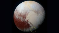 This high-resolution image of Pluto was taken by New Horizons on July 14, 2015: yellow circle shows location of Wright Mons and Piccard Mons mountains on the dwarf planet. Image credit: NASA / Johns Hopkins University Applied Physics Laboratory / Southwest Research Institute.